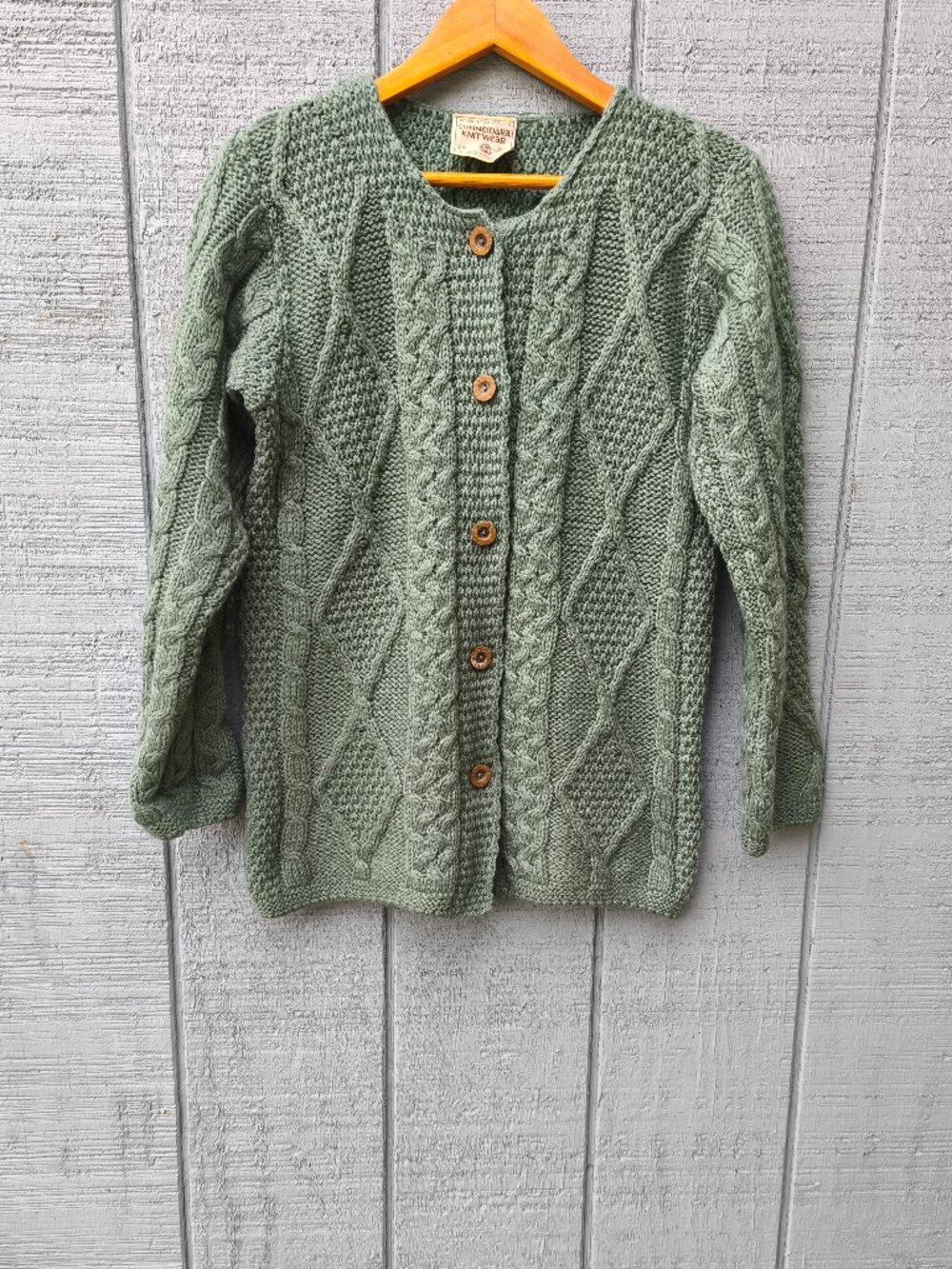 VTG Connemara Ireland 100% New Wool Chunky Cable Knit Cardigan sz S Sage Green